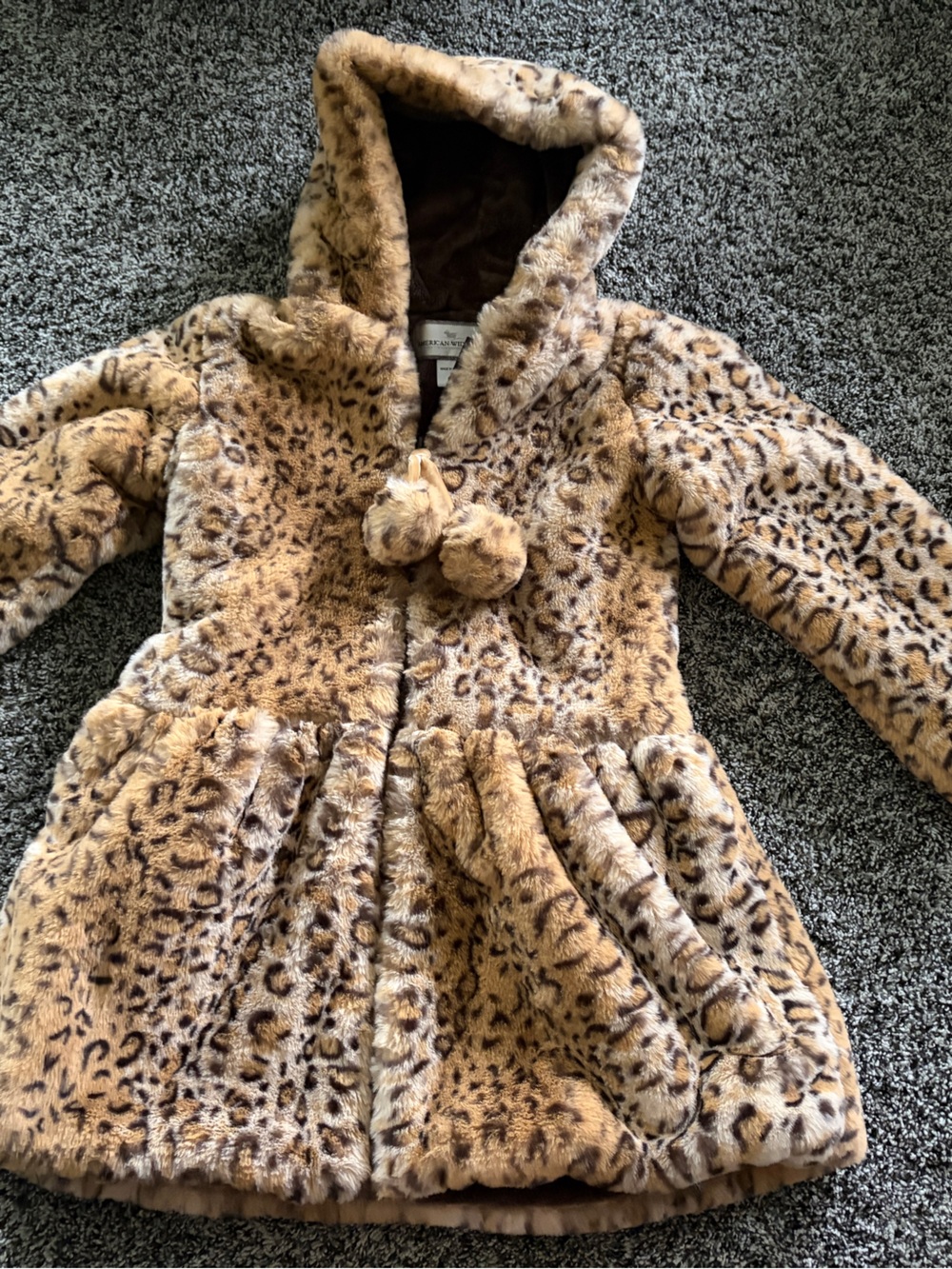 Girls' Faux-Fur Leopard Hooded Coat with Pom-Tie - Tan